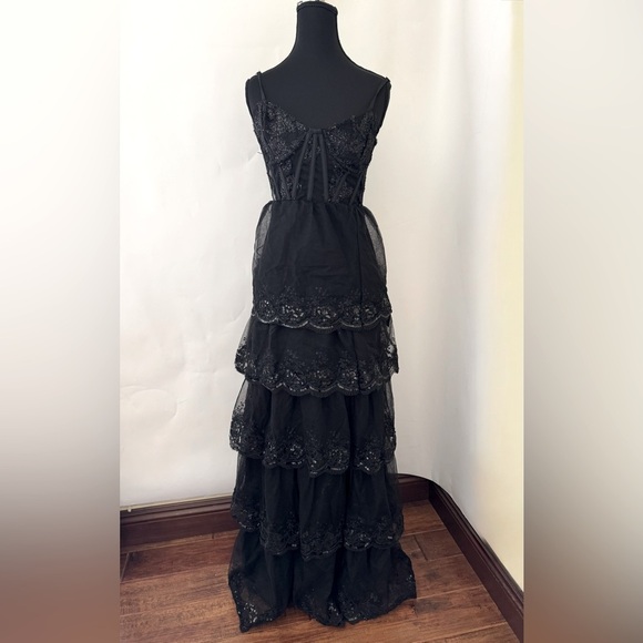 Lulus Alluring Sensation Black Tulle Embroidered Tiered Maxi Dress, Size XS, NWT - Picture 6 of 15